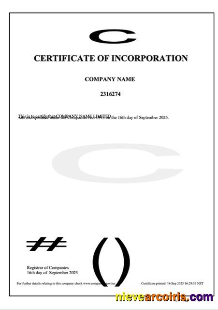 New Zealand certificate of incorporation, version 2